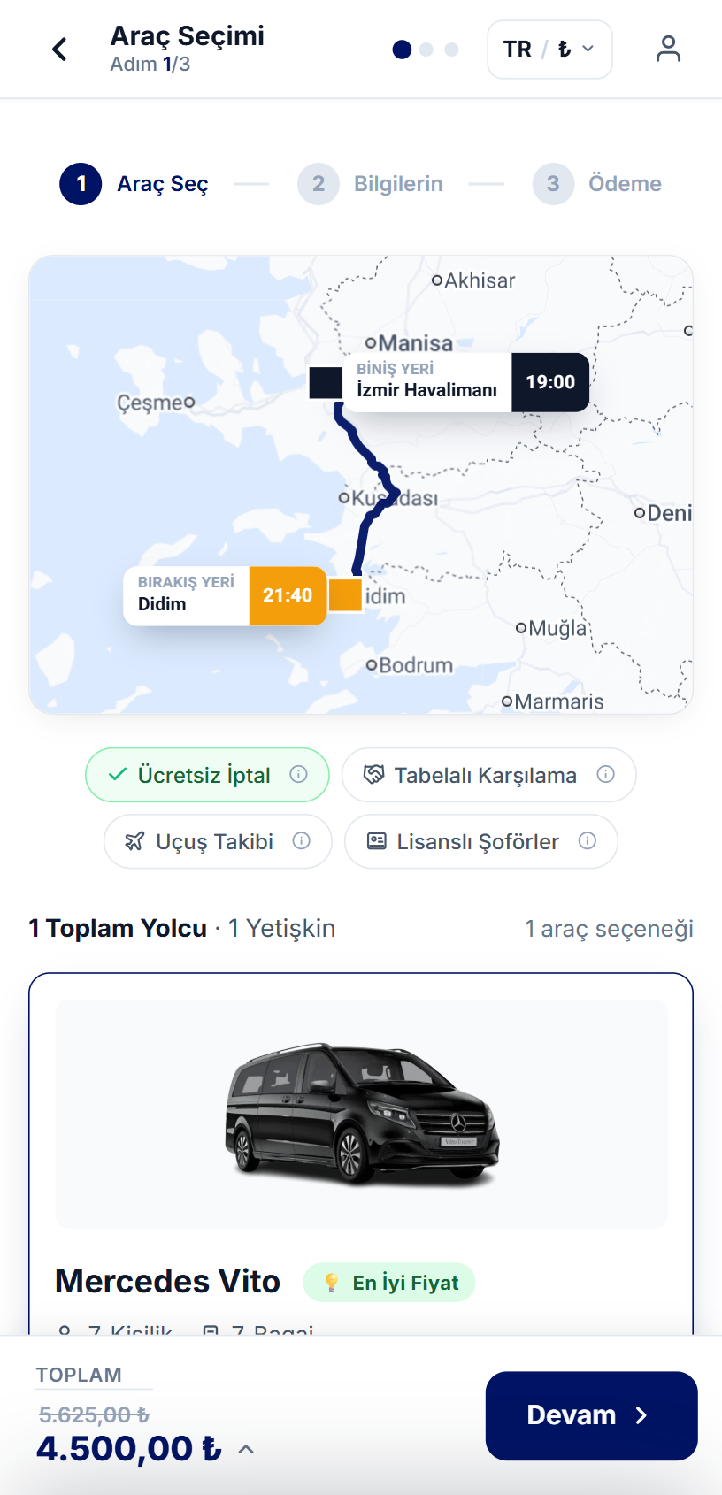 TransferRunner mobil görünüm — transfer araç seçimi ekranı