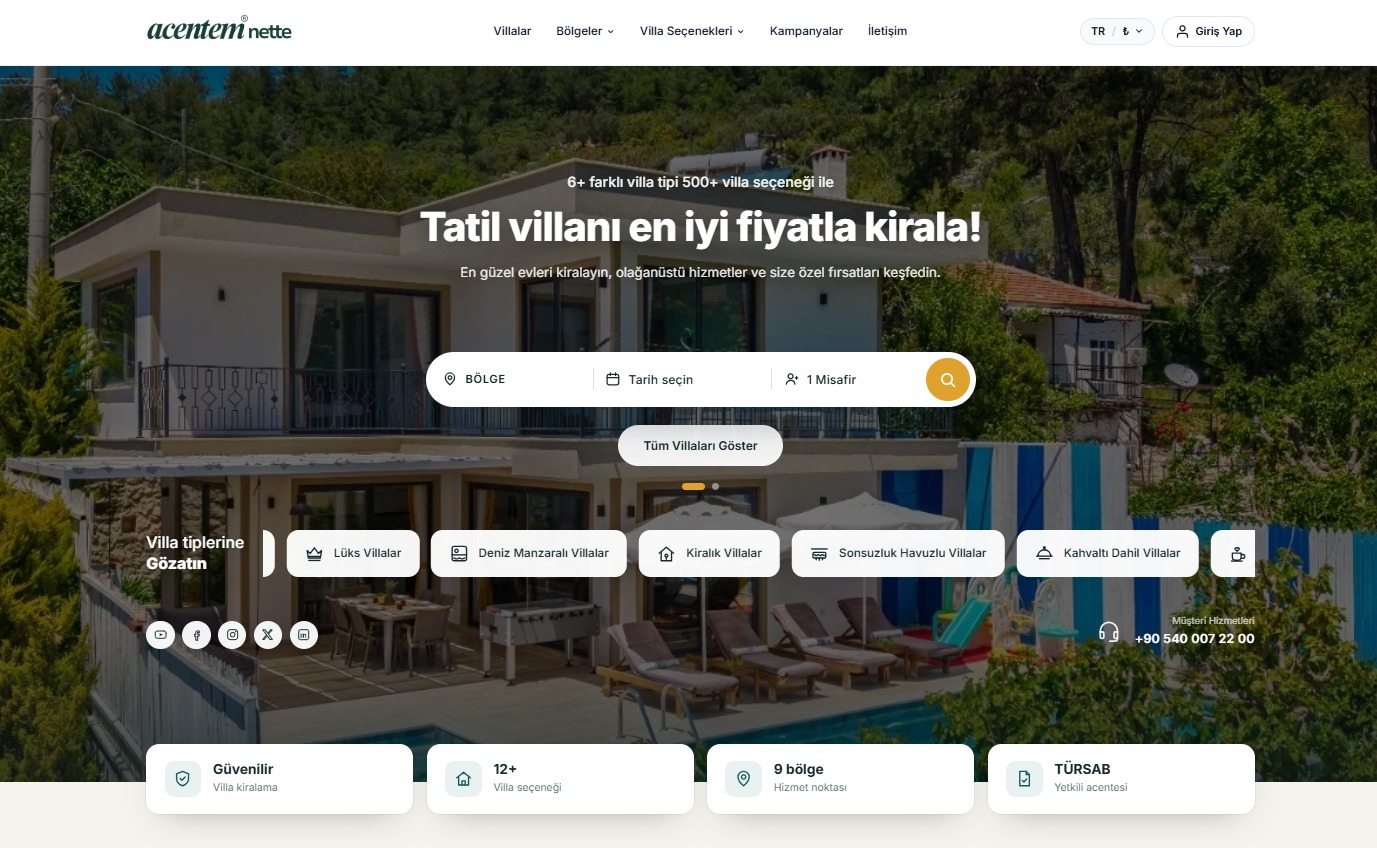 Villa kiralama yazılımı — demo sitenin ana sayfası