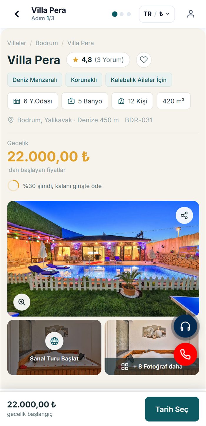 Villa kiralama yazılımı — mobilde rezervasyon adımı